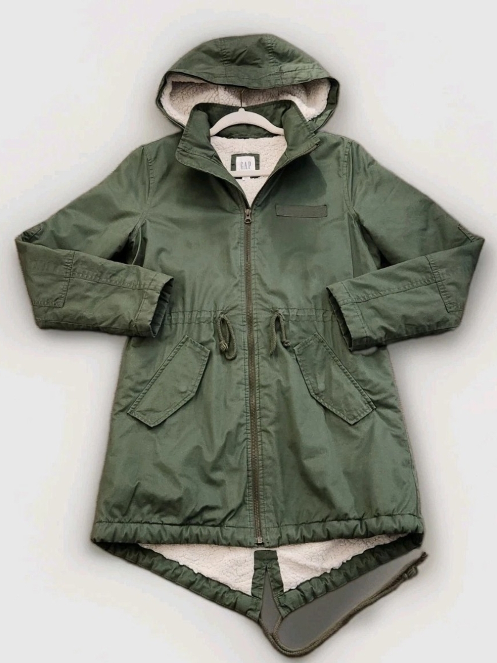 Gap Olive Green Sherpa Lined Parka Jacket Coat Women's Hooded Full Zip XS
